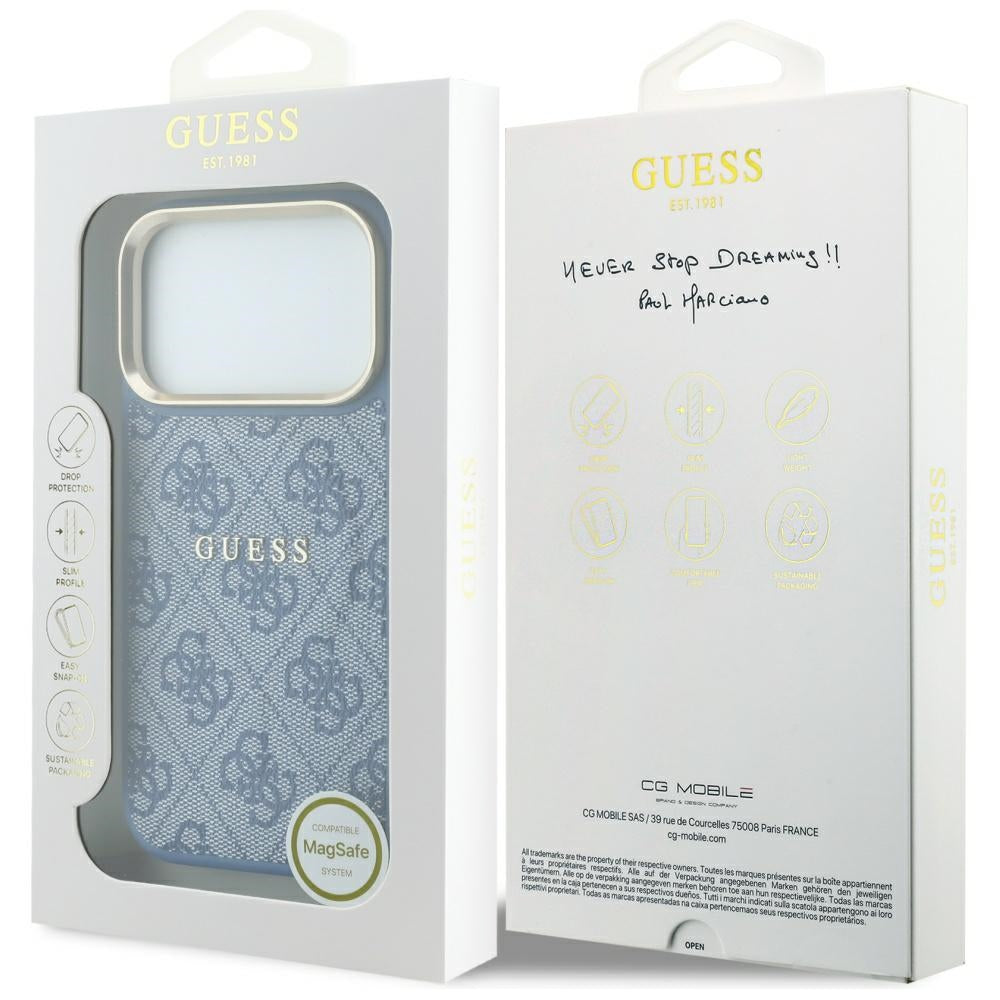 Coque MagSafe pour Apple iPhone 18 Pro Max / 17 Pro Max, Guess, 4G Embossed Classic, Bleue