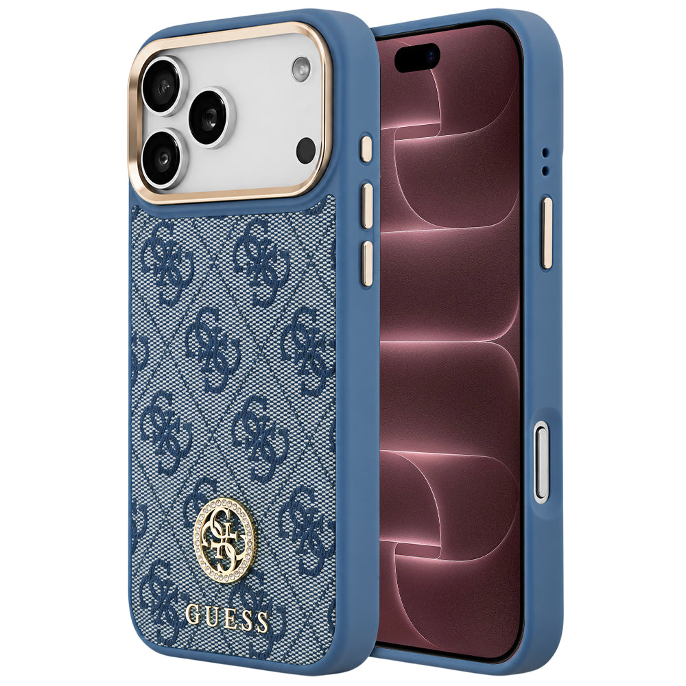 Coque MagSafe pour Apple iPhone 18 Pro Max / 17 Pro Max, Guess, logo 4G strass, bleue