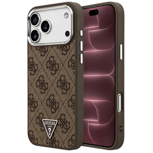 Coque MagSafe pour Apple iPhone 18 Pro Max / 17 Pro Max, Guess, Logo Triangle 4G, Marron Argenté