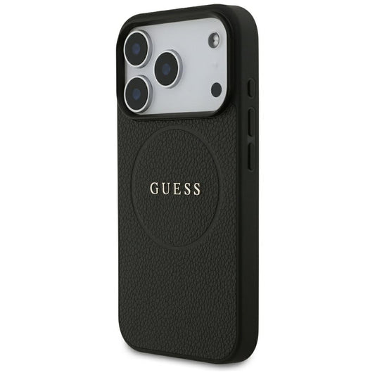 Coque MagSafe pour Apple iPhone 18 Pro Max / 17 Pro Max, Guess, Anneau Doré Grainé, Noire