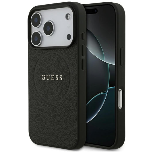 Coque MagSafe pour Apple iPhone 18 Pro Max / 17 Pro Max, Guess, Anneau Doré Grainé, Noire