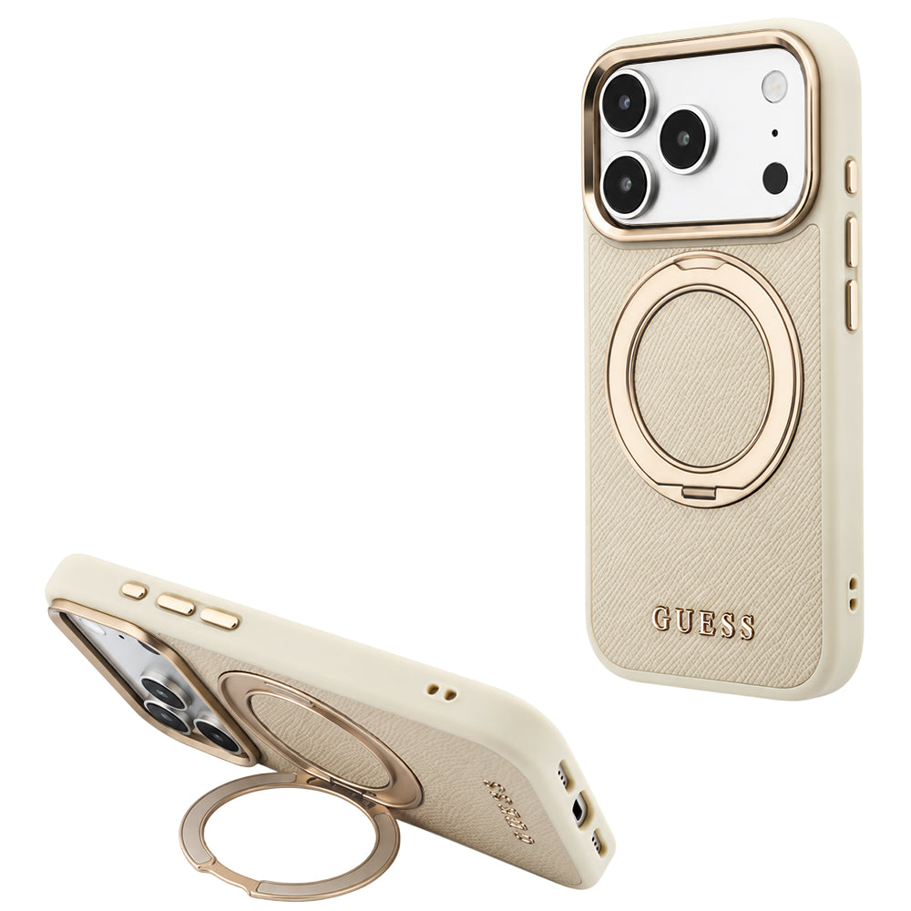 MagSafe-Hülle für Apple iPhone 18 Pro Max / 17 Pro Max, Guess, Grained Ring Stand 360 Classic, Beige