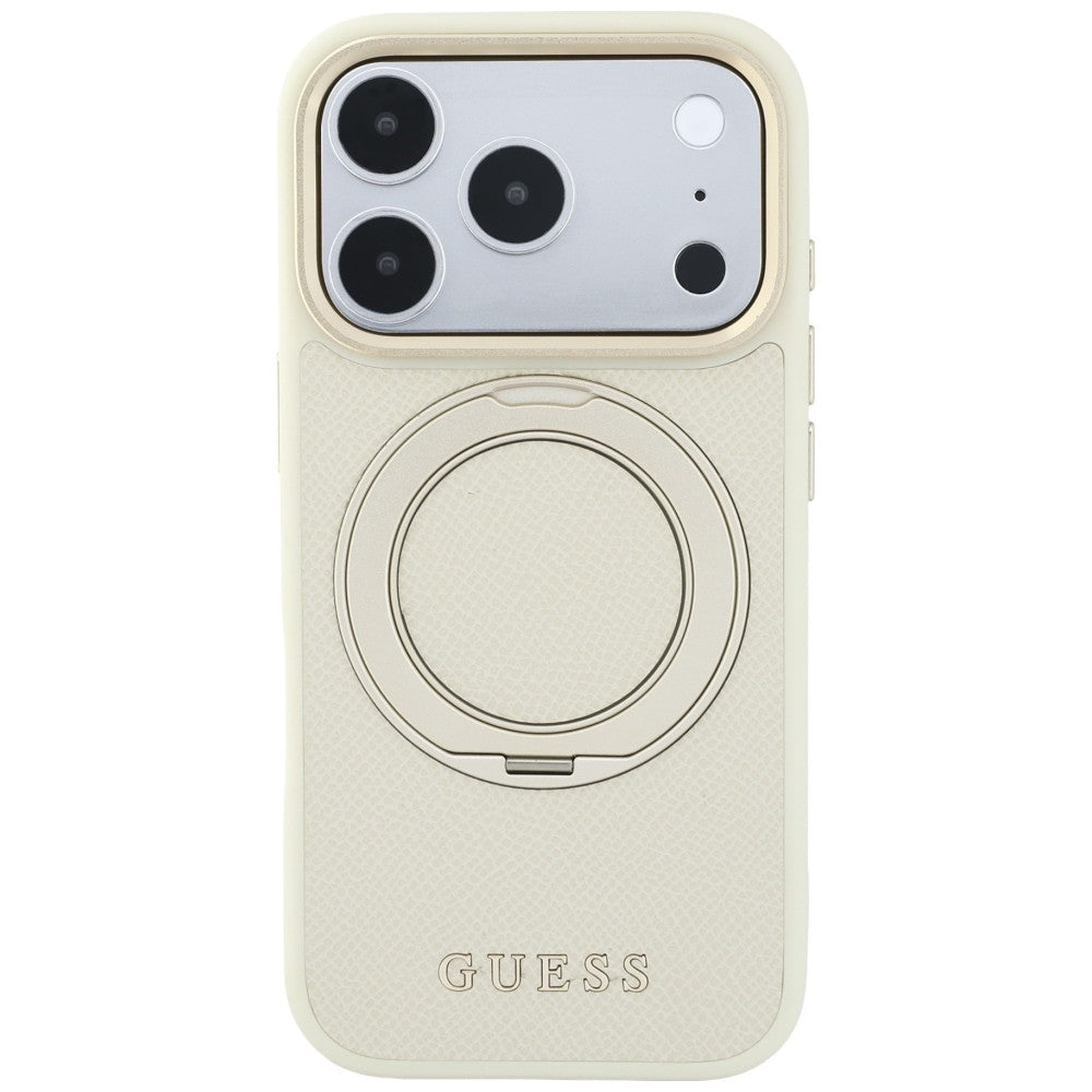 MagSafe-Hülle für Apple iPhone 18 Pro Max / 17 Pro Max, Guess, Grained Ring Stand 360 Classic, Beige