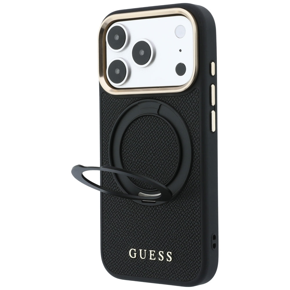 MagSafe-Hülle für Apple iPhone 18 Pro Max / 17 Pro Max, Guess, Grained Ring Stand 360 Classic, Schwarz