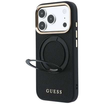 MagSafe-Hülle für Apple iPhone 18 Pro Max / 17 Pro Max, Guess, Grained Ring Stand 360 Classic, Schwarz