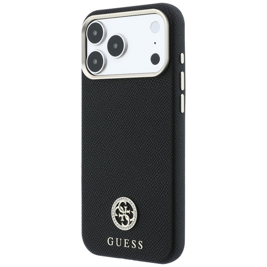 MagSafe-Hülle für Apple iPhone 18 Pro Max / 17 Pro Max, Guess, genarbtes rundes Strass-Logo, Schwarz