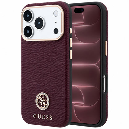 Coque MagSafe pour Apple iPhone 18 Pro Max / 17 Pro Max, Guess, Logo Strass Rond Grainé, Bordeaux