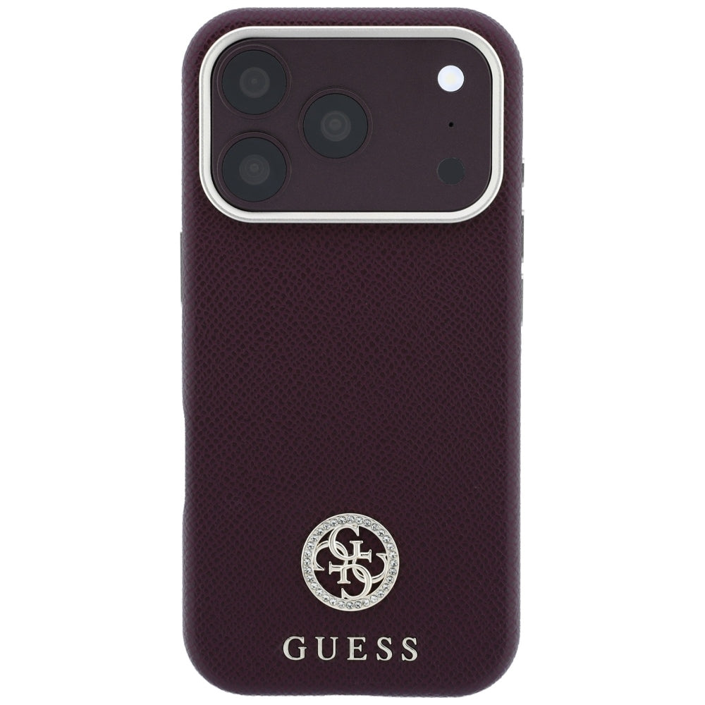 Coque MagSafe pour Apple iPhone 18 Pro Max / 17 Pro Max, Guess, Logo Strass Rond Grainé, Bordeaux