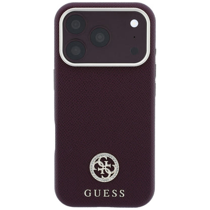 Coque MagSafe pour Apple iPhone 18 Pro Max / 17 Pro Max, Guess, Logo Strass Rond Grainé, Bordeaux
