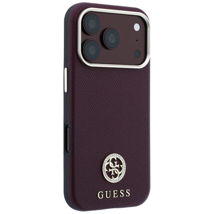 Coque MagSafe pour Apple iPhone 18 Pro Max / 17 Pro Max, Guess, Logo Strass Rond Grainé, Bordeaux
