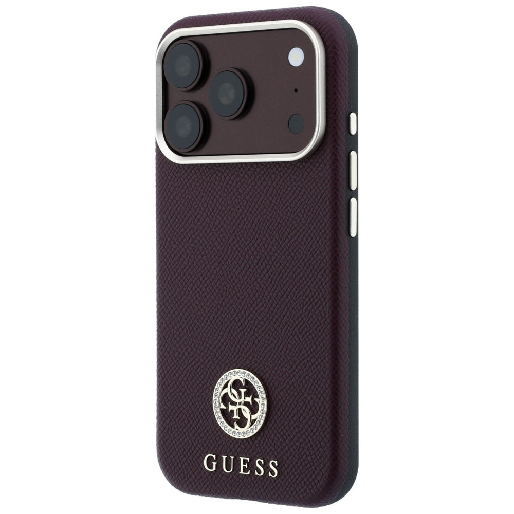 Coque MagSafe pour Apple iPhone 18 Pro Max / 17 Pro Max, Guess, Logo Strass Rond Grainé, Bordeaux