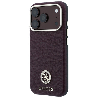 Coque MagSafe pour Apple iPhone 18 Pro Max / 17 Pro Max, Guess, Logo Strass Rond Grainé, Bordeaux