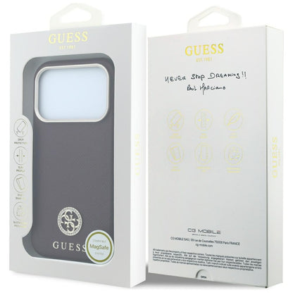 Coque MagSafe pour Apple iPhone 18 Pro Max / 17 Pro Max, Guess, Logo Strass Rond Grainé, Bordeaux