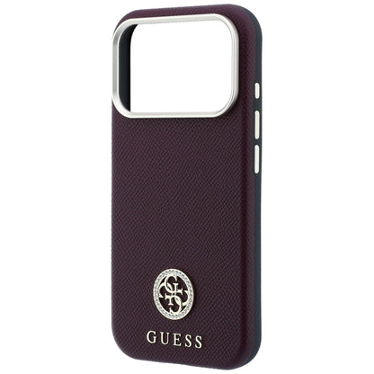 Coque MagSafe pour Apple iPhone 18 Pro Max / 17 Pro Max, Guess, Logo Strass Rond Grainé, Bordeaux