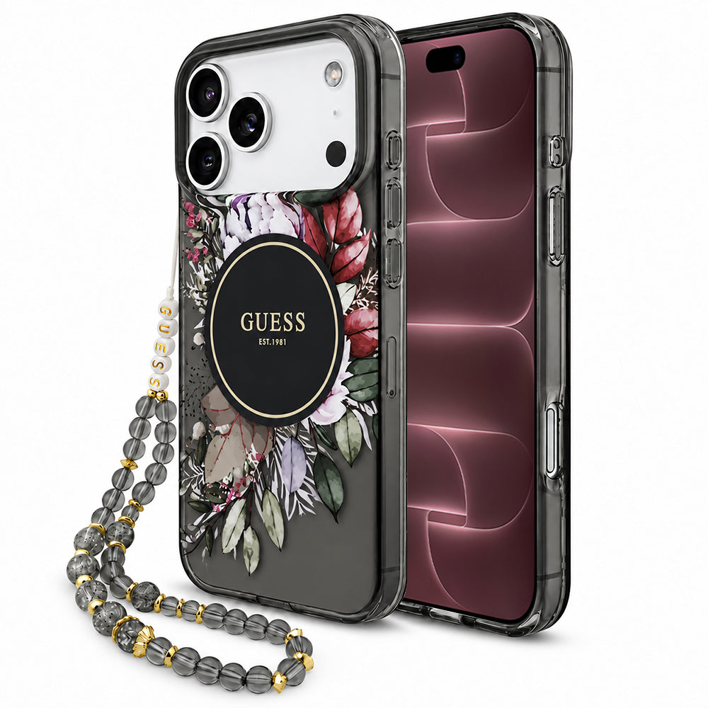 Coque MagSafe pour Apple iPhone 18 Pro Max / 17 Pro Max, Guess, IML Flowers with Pearl Strap, noire
