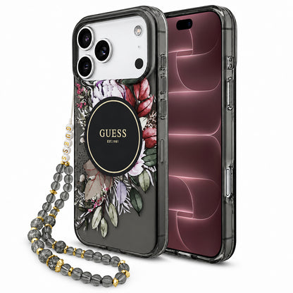 Coque MagSafe pour Apple iPhone 18 Pro Max / 17 Pro Max, Guess, IML Flowers with Pearl Strap, noire