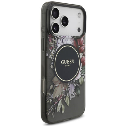 Coque MagSafe pour Apple iPhone 18 Pro Max / 17 Pro Max, Guess, IML Flowers with Pearl Strap, noire