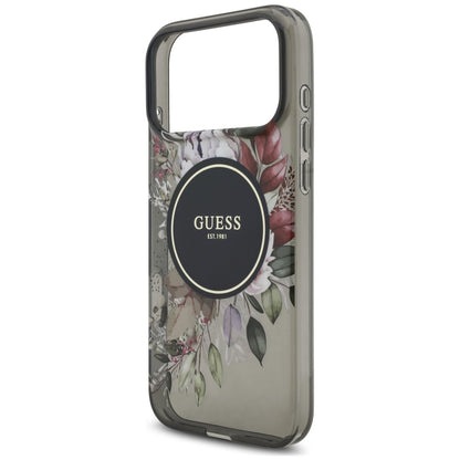 Coque MagSafe pour Apple iPhone 18 Pro Max / 17 Pro Max, Guess, IML Flowers with Pearl Strap, noire