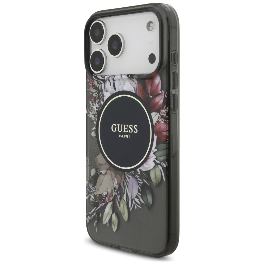 Coque MagSafe pour Apple iPhone 18 Pro Max / 17 Pro Max, Guess, IML Flowers with Pearl Strap, noire