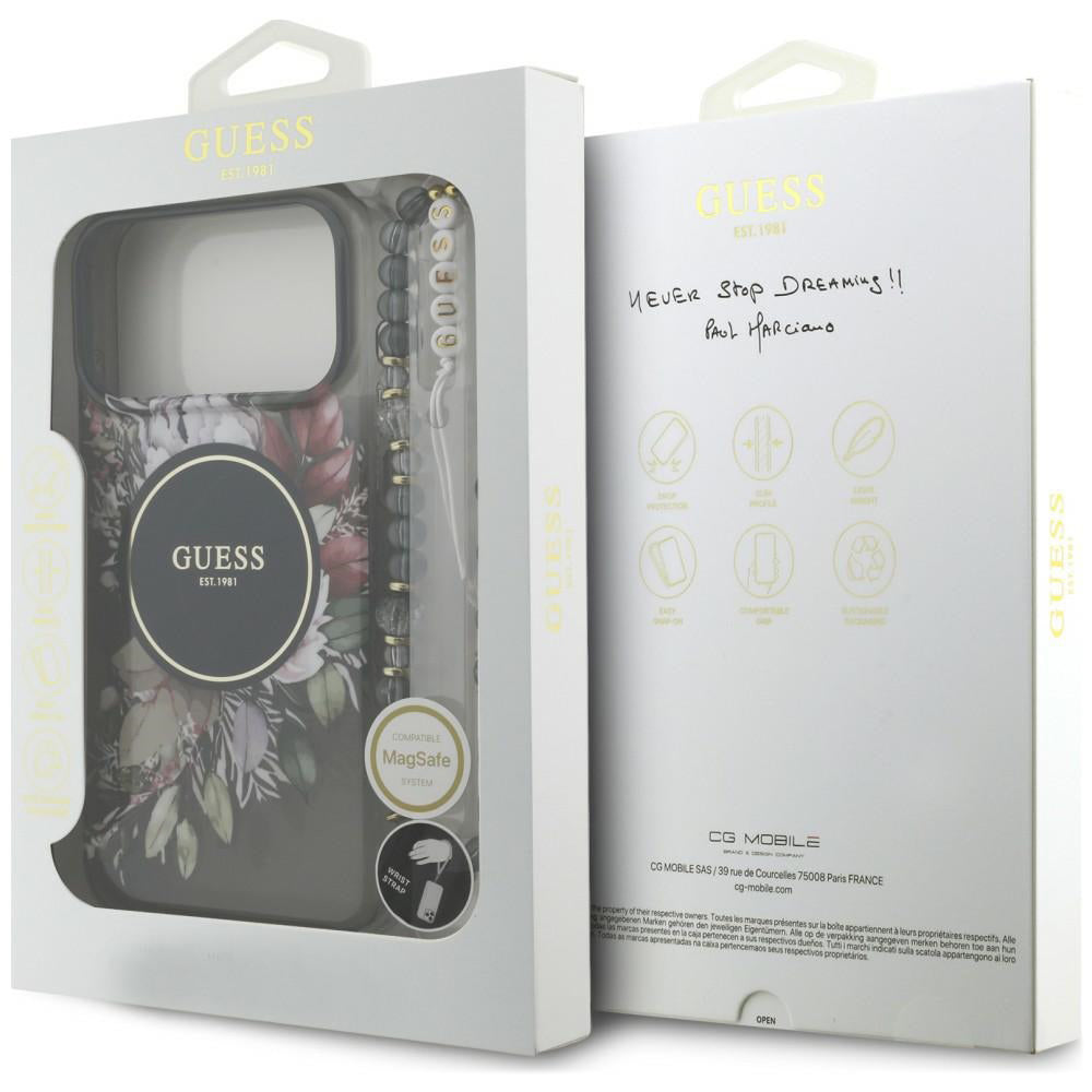 Coque MagSafe pour Apple iPhone 18 Pro Max / 17 Pro Max, Guess, IML Flowers with Pearl Strap, noire