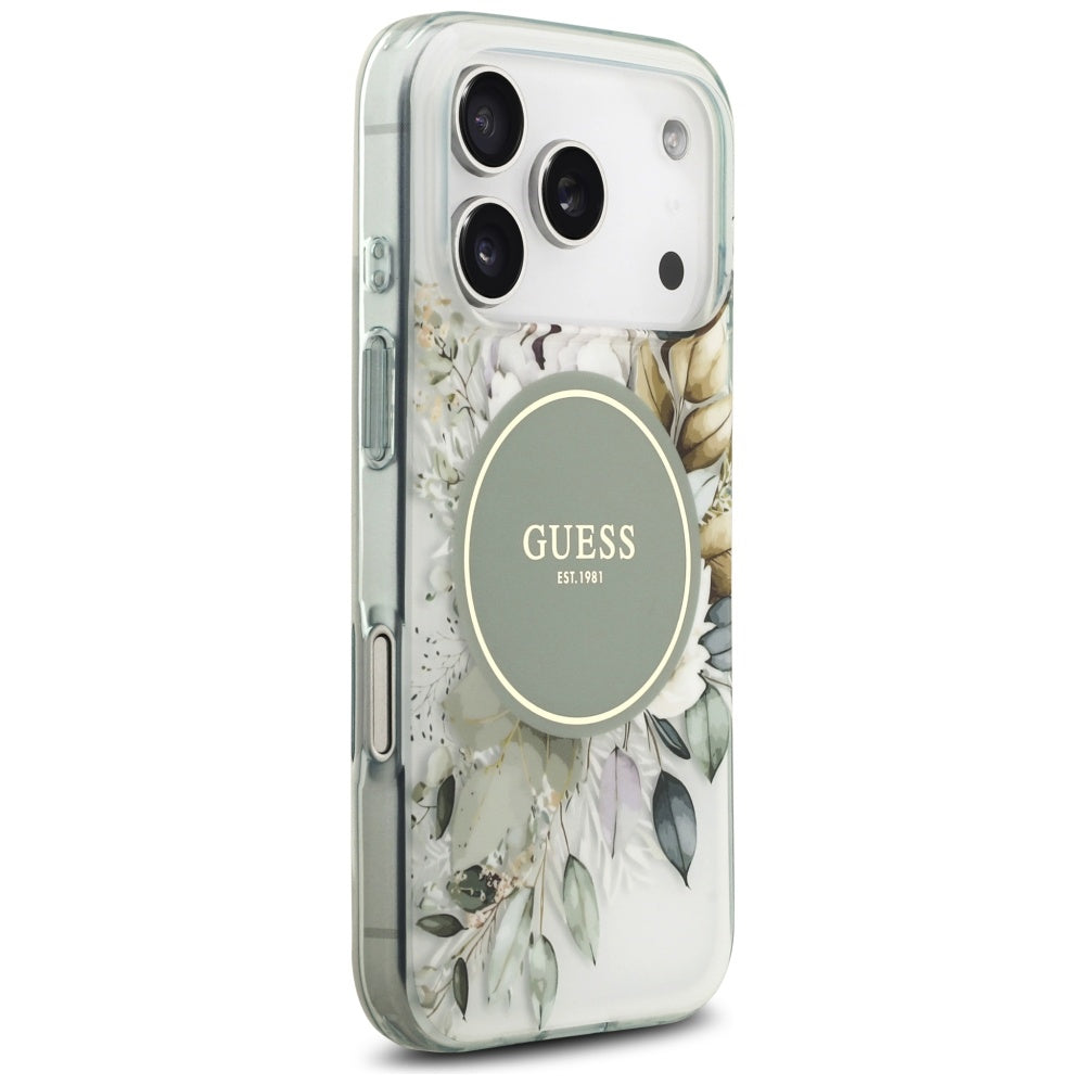 MagSafe-Hülle für Apple iPhone 18 Pro Max / 17 Pro Max, Guess, IML Flowers with Pearl Strap, Grün