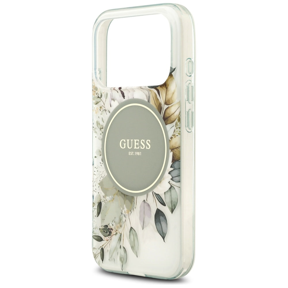 MagSafe-Hülle für Apple iPhone 18 Pro Max / 17 Pro Max, Guess, IML Flowers with Pearl Strap, Grün