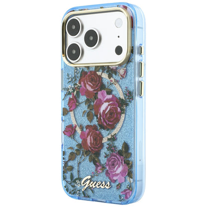 Coque MagSafe pour Apple iPhone 18 Pro Max / 17 Pro Max, Guess, IML Glitter Blossom Roses, Bleu