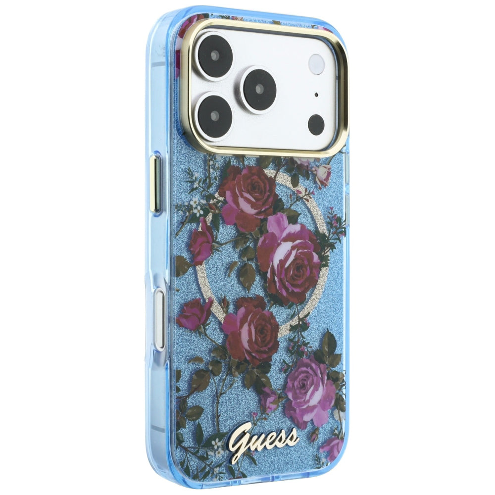 Coque MagSafe pour Apple iPhone 18 Pro Max / 17 Pro Max, Guess, IML Glitter Blossom Roses, Bleu