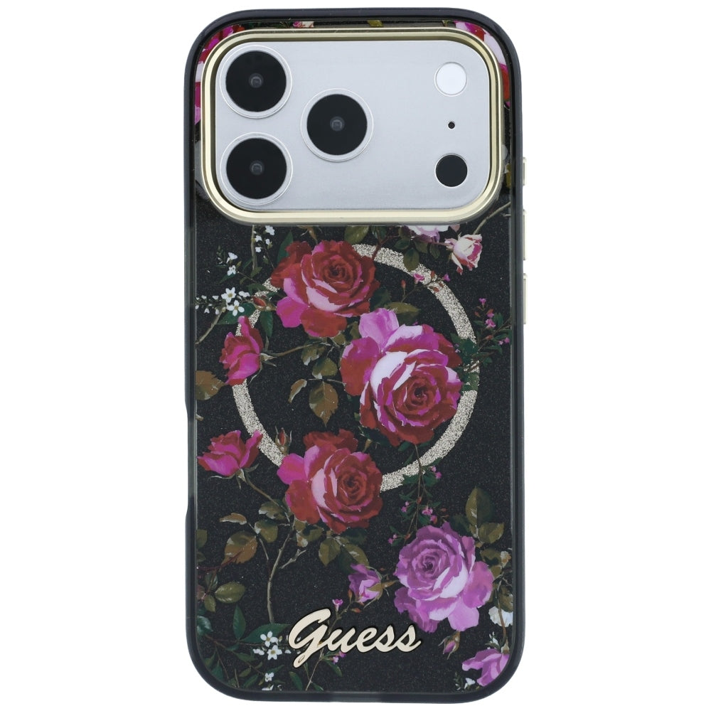 Coque MagSafe pour Apple iPhone 18 Pro Max / 17 Pro Max, Guess, IML Glitter Blossom Roses, noire