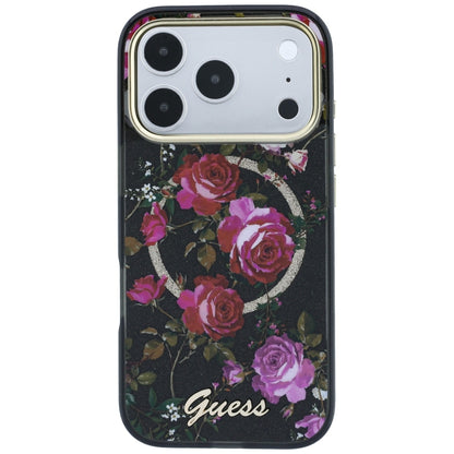 Coque MagSafe pour Apple iPhone 18 Pro Max / 17 Pro Max, Guess, IML Glitter Blossom Roses, noire