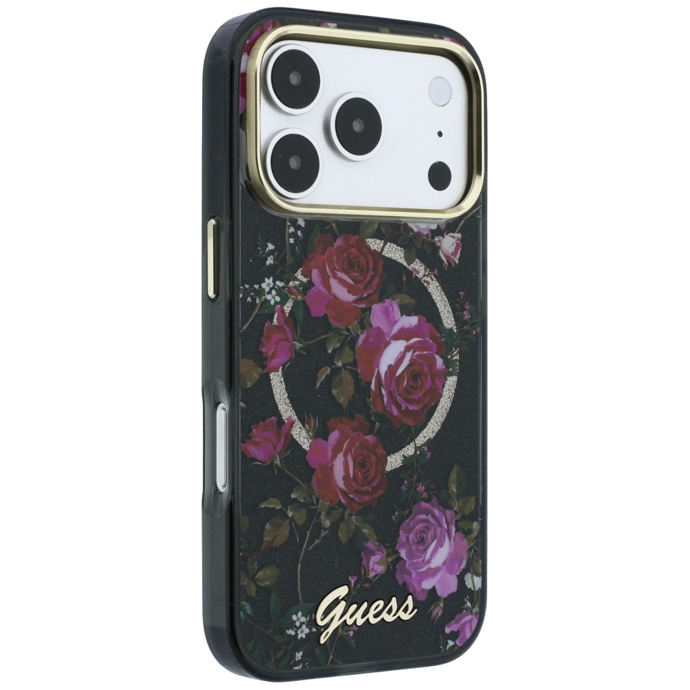 Coque MagSafe pour Apple iPhone 18 Pro Max / 17 Pro Max, Guess, IML Glitter Blossom Roses, noire