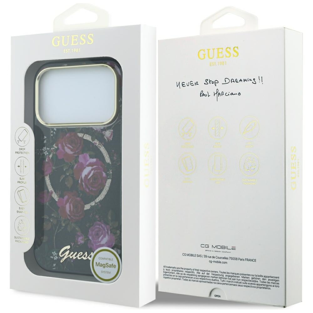 Coque MagSafe pour Apple iPhone 18 Pro Max / 17 Pro Max, Guess, IML Glitter Blossom Roses, noire