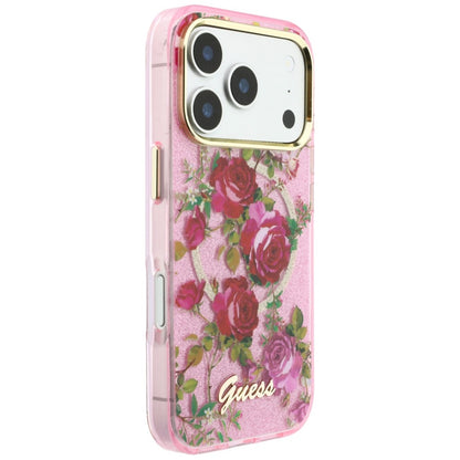 MagSafe-Hülle für Apple iPhone 18 Pro Max / 17 Pro Max, Guess, IML Glitter Blossom Roses, Rosa