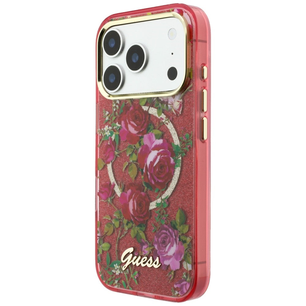 Coque MagSafe pour Apple iPhone 18 Pro Max / 17 Pro Max, Guess, IML Glitter Blossom Roses, Bordeaux