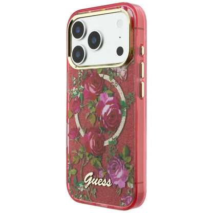 Coque MagSafe pour Apple iPhone 18 Pro Max / 17 Pro Max, Guess, IML Glitter Blossom Roses, Bordeaux