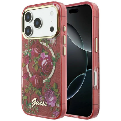 Coque MagSafe pour Apple iPhone 18 Pro Max / 17 Pro Max, Guess, IML Glitter Blossom Roses, Bordeaux