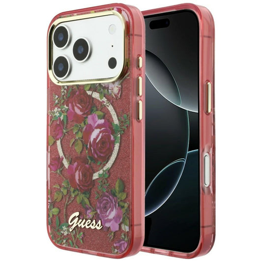 Coque MagSafe pour Apple iPhone 18 Pro Max / 17 Pro Max, Guess, IML Glitter Blossom Roses, Bordeaux