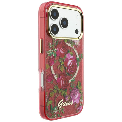 Coque MagSafe pour Apple iPhone 18 Pro Max / 17 Pro Max, Guess, IML Glitter Blossom Roses, Bordeaux