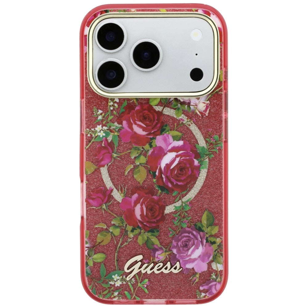 Coque MagSafe pour Apple iPhone 18 Pro Max / 17 Pro Max, Guess, IML Glitter Blossom Roses, Bordeaux