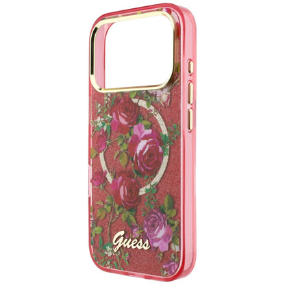 Coque MagSafe pour Apple iPhone 18 Pro Max / 17 Pro Max, Guess, IML Glitter Blossom Roses, Bordeaux