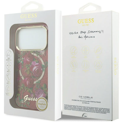 Coque MagSafe pour Apple iPhone 18 Pro Max / 17 Pro Max, Guess, IML Glitter Blossom Roses, Bordeaux