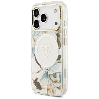 Coque MagSafe pour Apple iPhone 18 Pro Max / 17 Pro Max, Guess, IML Metal Glitter Flowers Triangle, blanche