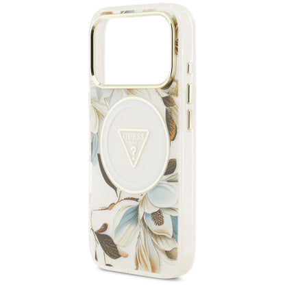 Coque MagSafe pour Apple iPhone 18 Pro Max / 17 Pro Max, Guess, IML Metal Glitter Flowers Triangle, blanche