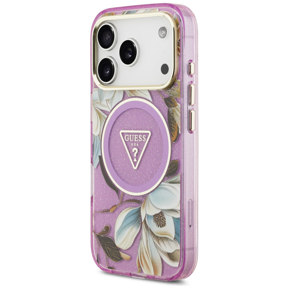 Coque MagSafe pour Apple iPhone 18 Pro Max / 17 Pro Max, Guess, IML Metal Glitter Flowers Triangle, violette