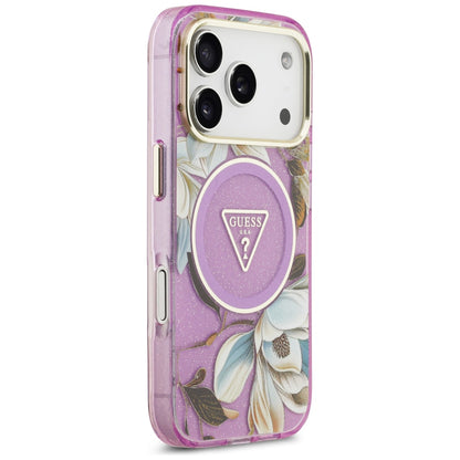 Coque MagSafe pour Apple iPhone 18 Pro Max / 17 Pro Max, Guess, IML Metal Glitter Flowers Triangle, violette