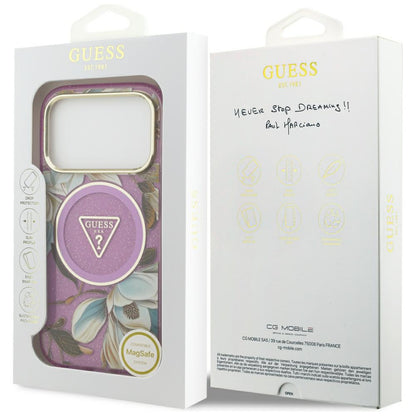 Coque MagSafe pour Apple iPhone 18 Pro Max / 17 Pro Max, Guess, IML Metal Glitter Flowers Triangle, violette