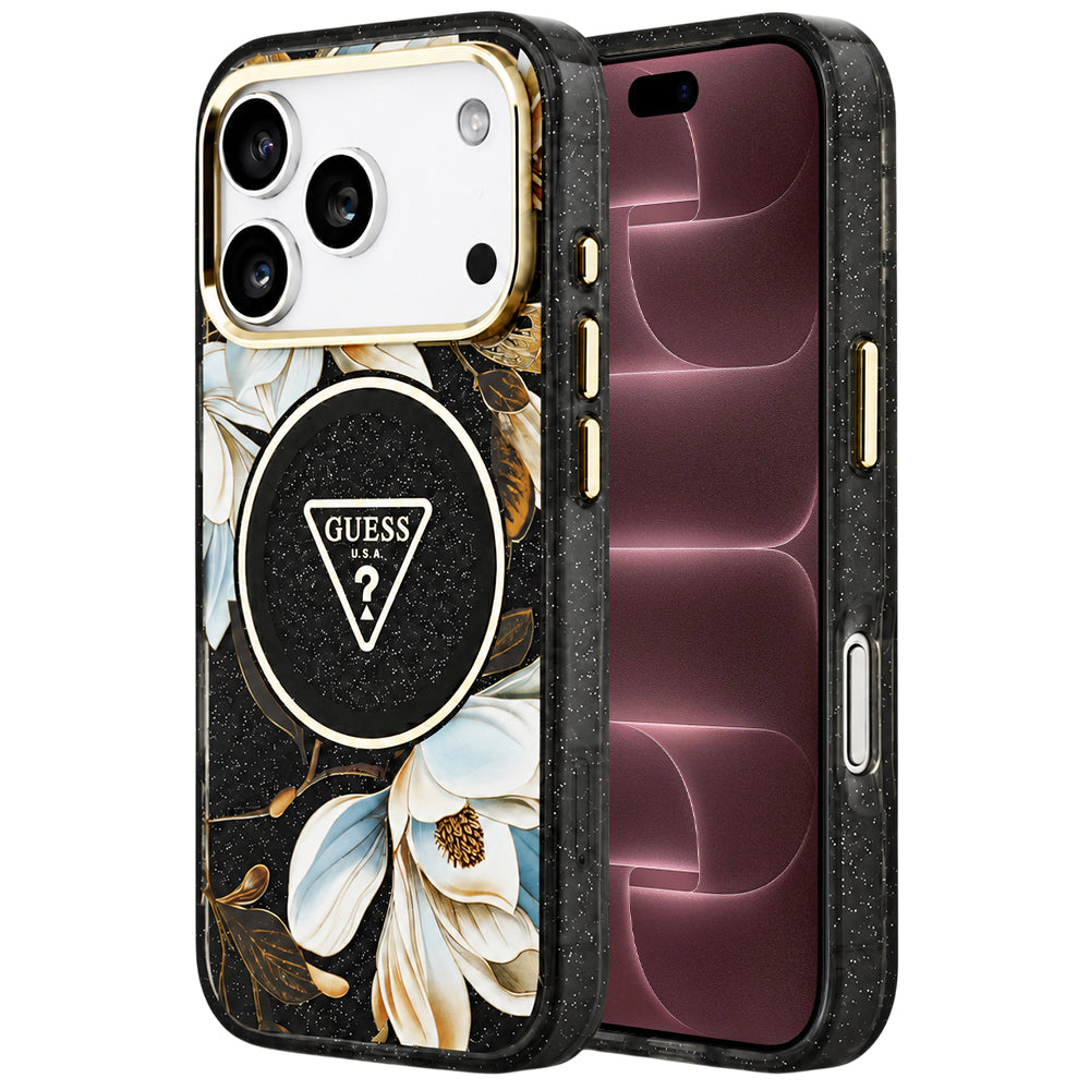 Coque MagSafe pour Apple iPhone 18 Pro Max / 17 Pro Max, Guess, IML Metal Glitter Flowers Triangle, noire