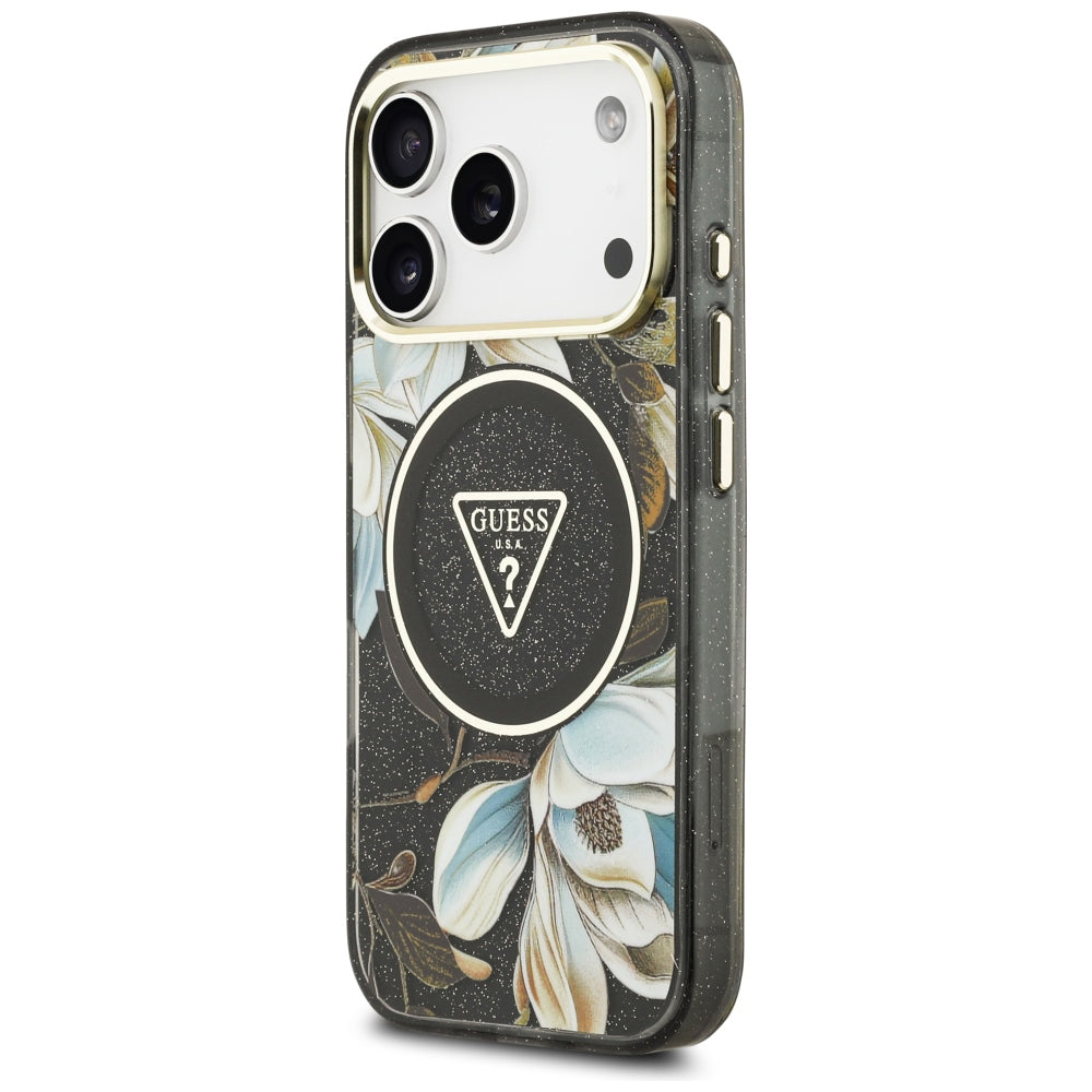 Coque MagSafe pour Apple iPhone 18 Pro Max / 17 Pro Max, Guess, IML Metal Glitter Flowers Triangle, noire