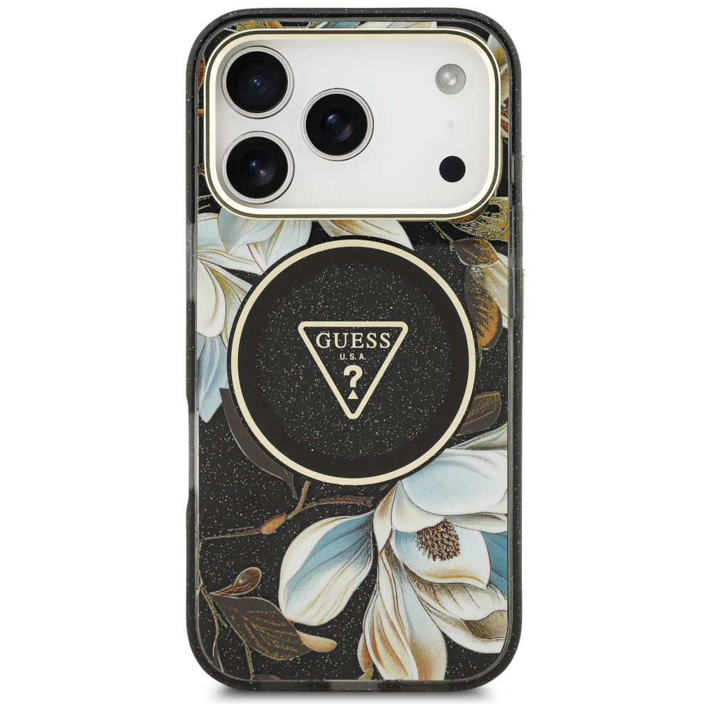 Coque MagSafe pour Apple iPhone 18 Pro Max / 17 Pro Max, Guess, IML Metal Glitter Flowers Triangle, noire