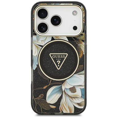 Coque MagSafe pour Apple iPhone 18 Pro Max / 17 Pro Max, Guess, IML Metal Glitter Flowers Triangle, noire